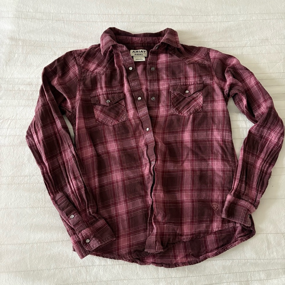 Ariat Flannel Pink‎ Plaid Snap Button Down Girls Size XXL